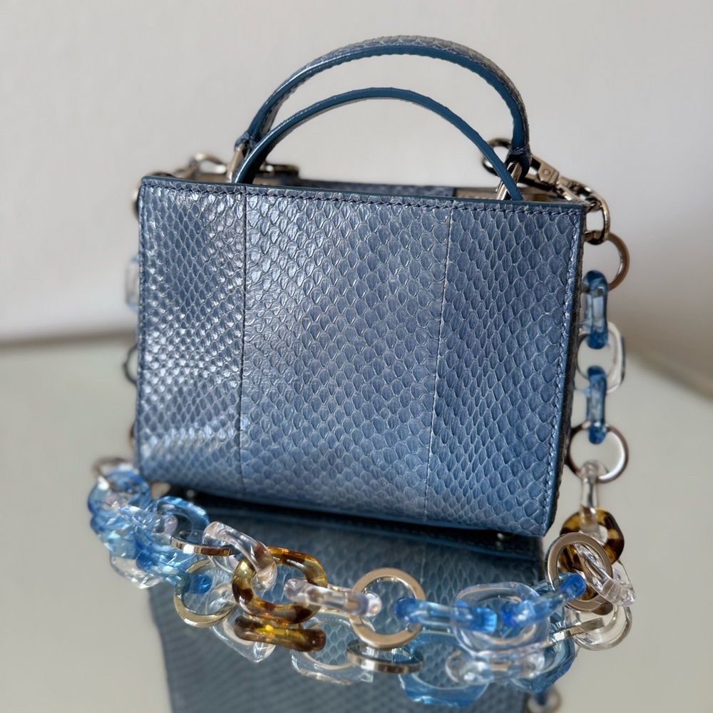 JIMMY CHOO Varenne Top Handle Blue Glossy Elaphe Mini Handbag Plexi Chain - Picture 10 of 14